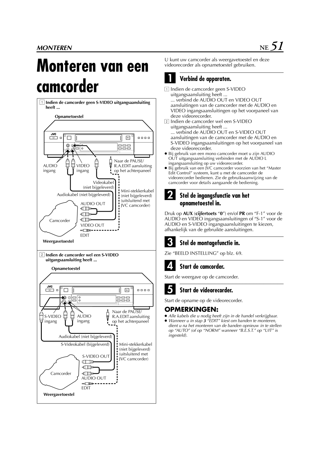 JVC HR-S9700EU manual Stel de montagefunctie, Start de camcorder, Start de videorecorder 