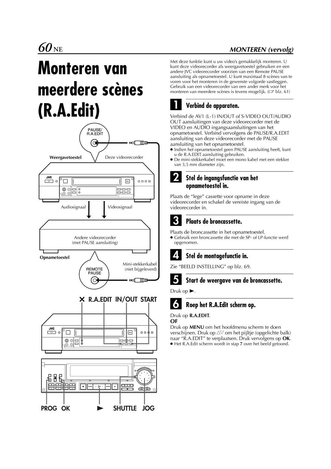 JVC HR-S9700EU manual 60 NE, Plaats de broncassette, Start de weergave van de broncassette, Roep het R.A.Edit scherm op 