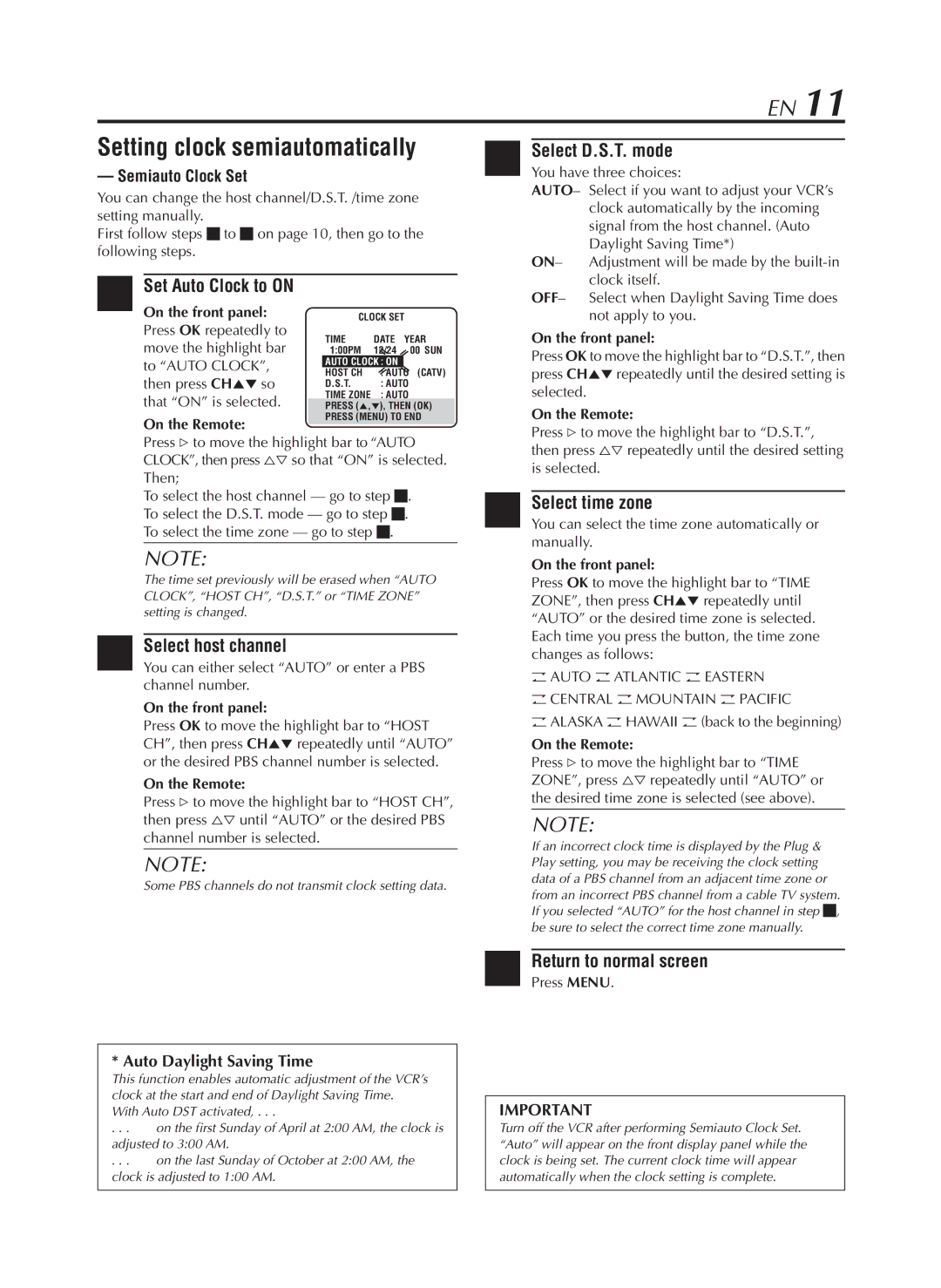 JVC HR-S9800U manual Setting clock semiautomatically, Set Auto Clock to on, Select D.S.T. mode, Select host channel 