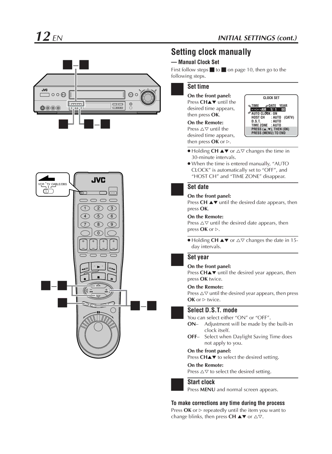 JVC HR-S9800U 12 EN, Setting clock manually, Set time, Set year 