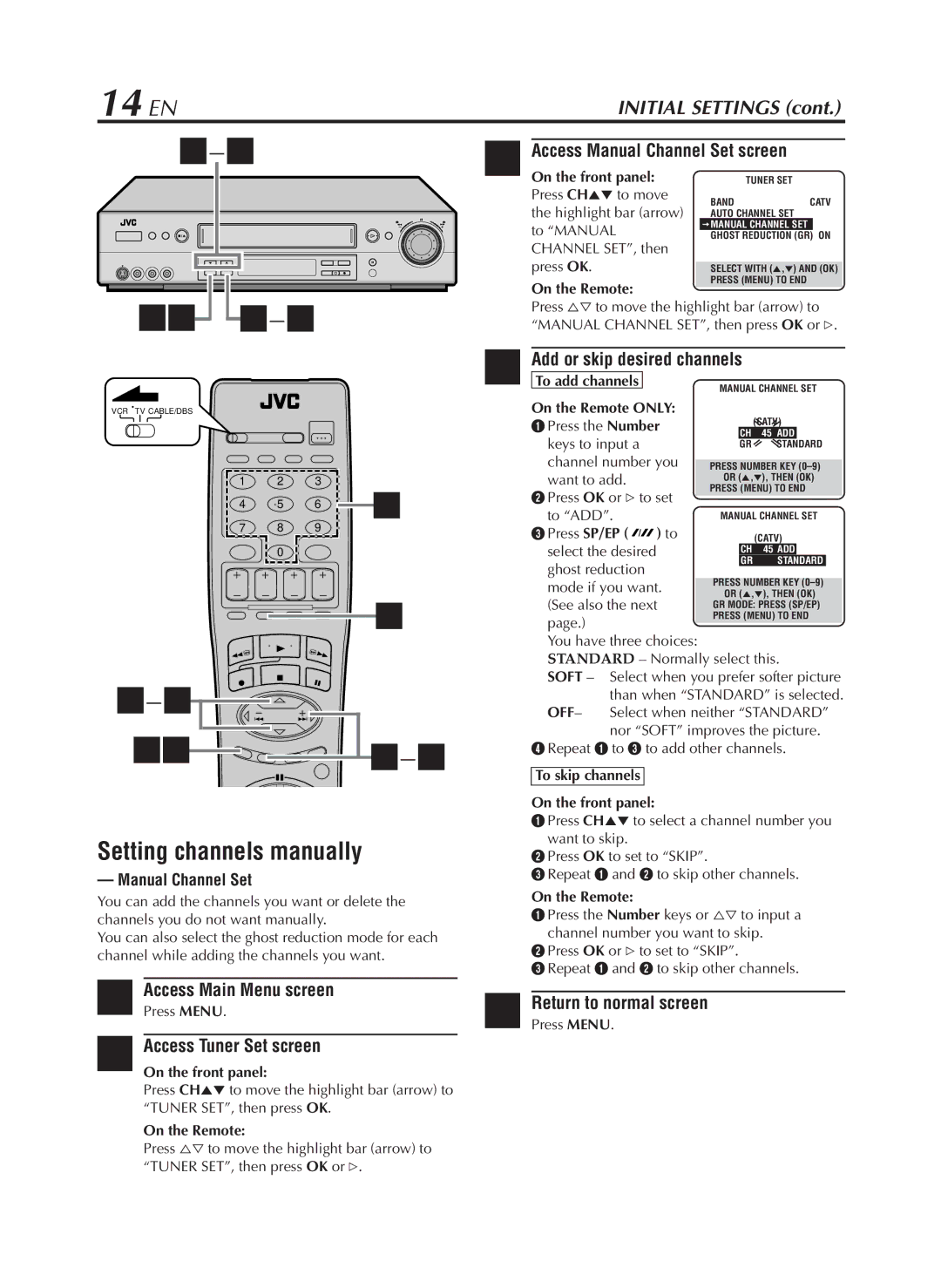 JVC HR-S9800U 14 EN, Setting channels manually, Access Manual Channel Set screen, Add or skip desired channels 