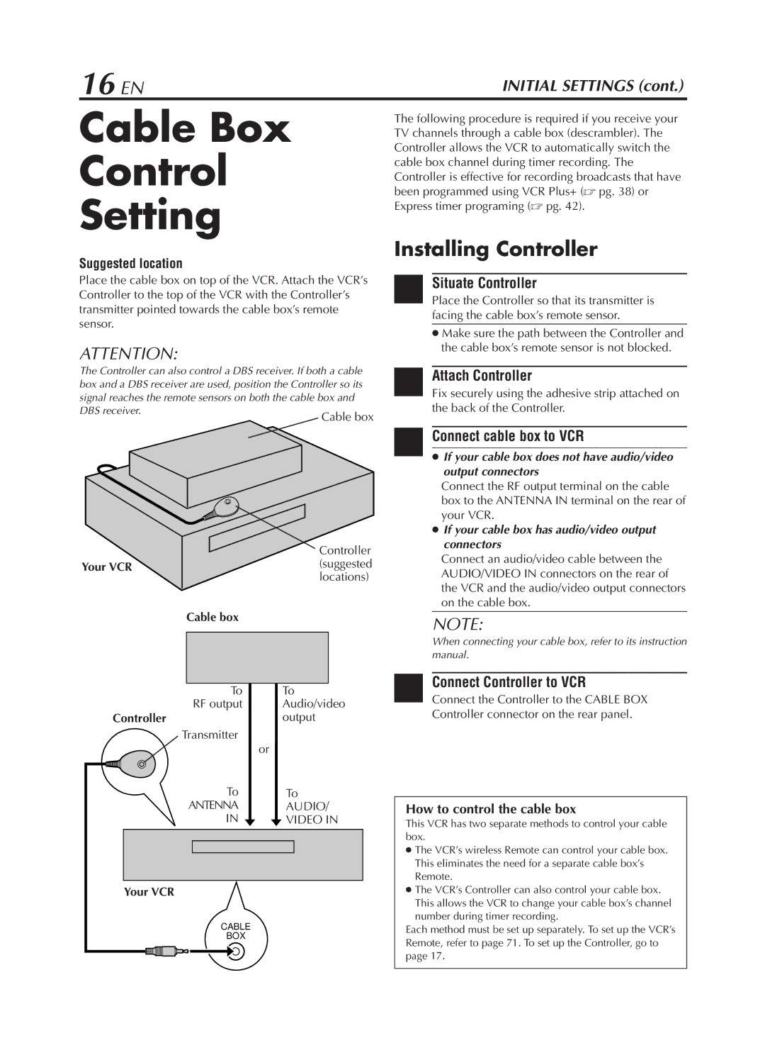 JVC HR-S9800U manual Cable Box Control Setting, 16 EN, Installing Controller 