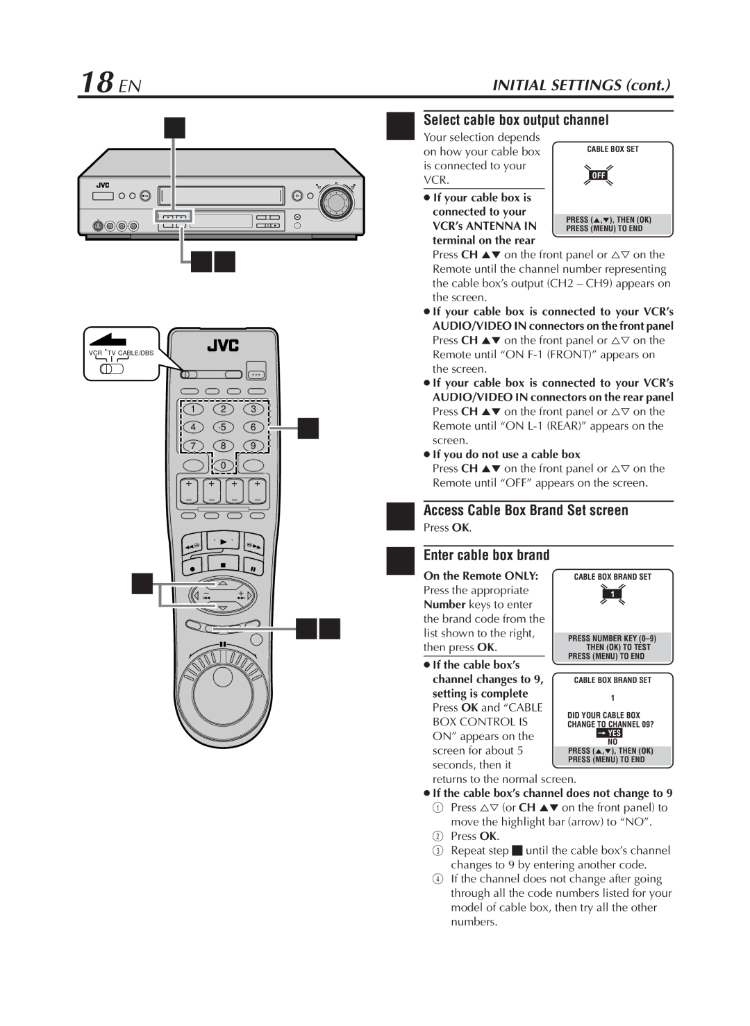 JVC HR-S9800U manual 18 EN, Select cable box output channel, Access Cable Box Brand Set screen, Enter cable box brand 