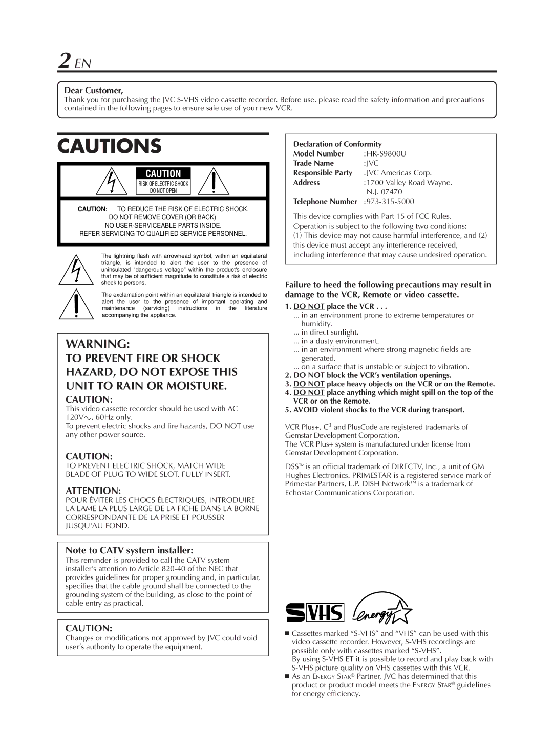 JVC HR-S9800U manual Dear Customer, Telephone Number 