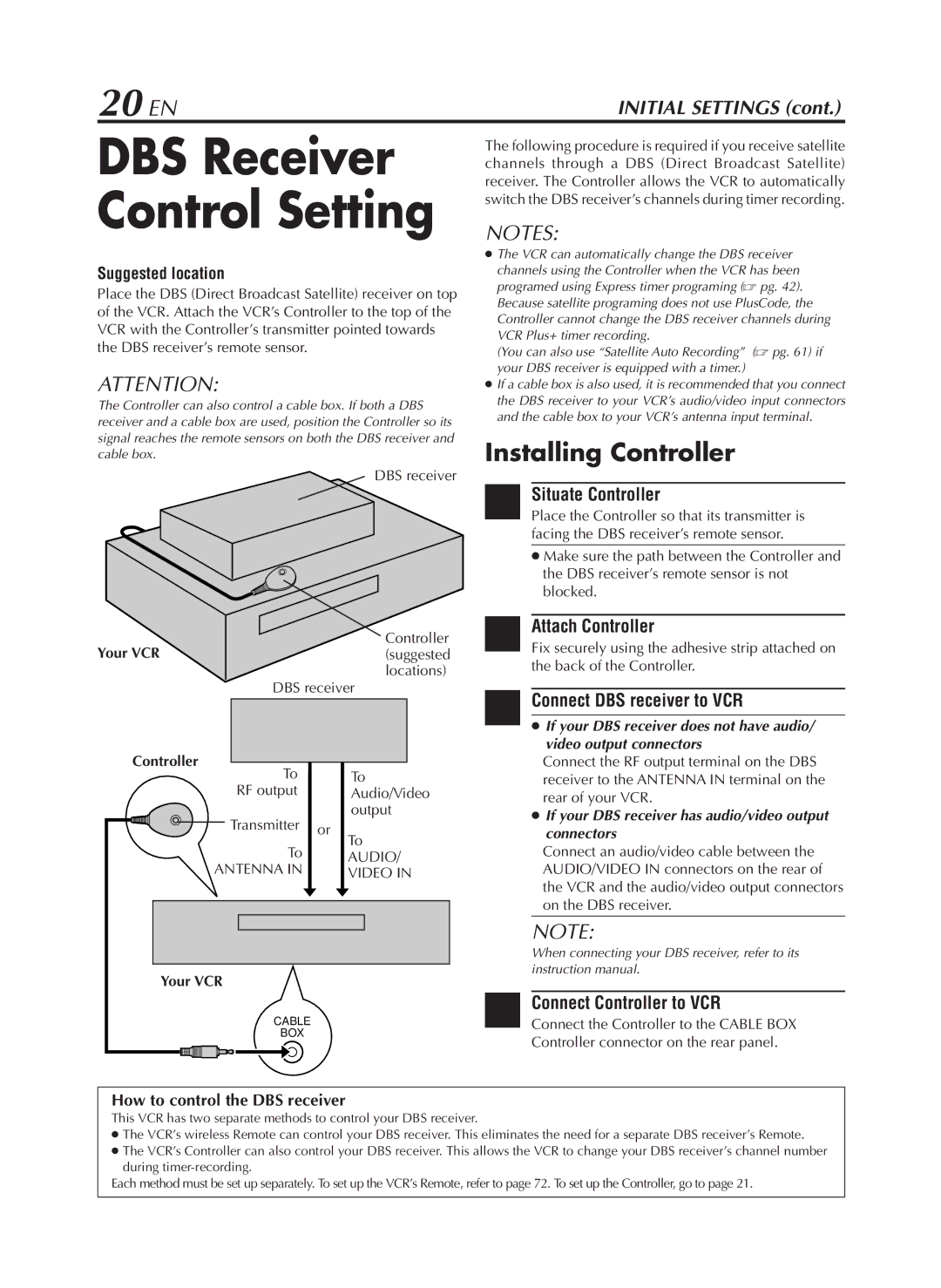 JVC HR-S9800U manual 20 EN, Connect DBS receiver to VCR, Connect Controller to VCR, How to control the DBS receiver 