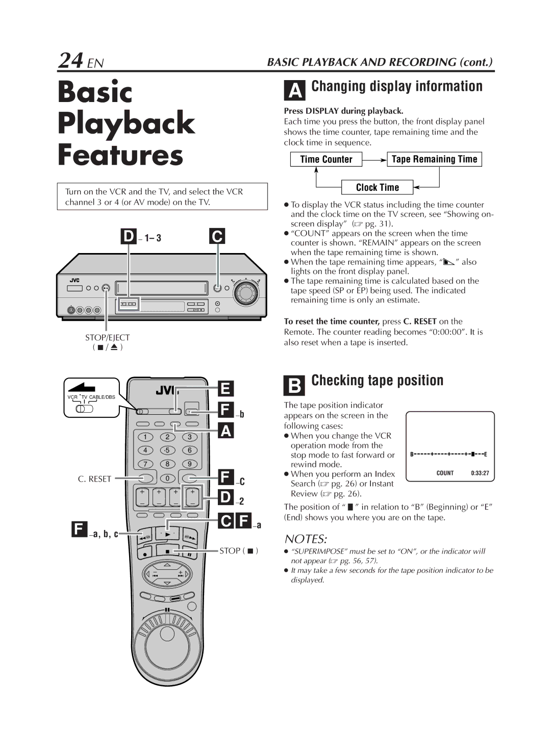 JVC HR-S9800U manual Basic Playback Features, 24 EN, Changing display information, Checking tape position 