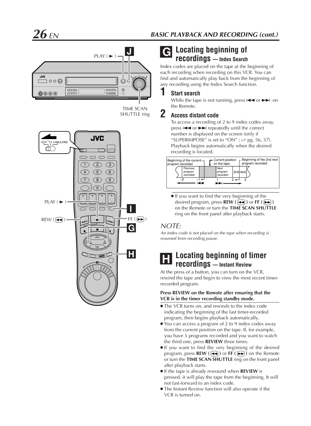 JVC HR-S9800U manual 26 EN, Locating beginning of timer, Start search, Access distant code 