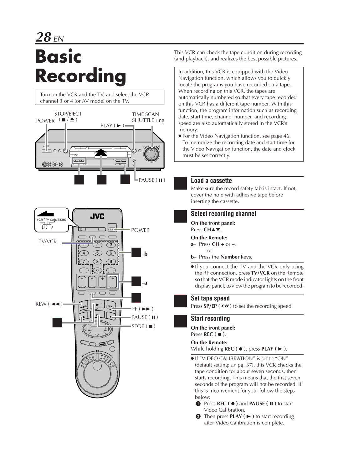 JVC HR-S9800U manual Basic Recording, 28 EN, Select recording channel, Set tape speed, Start recording 