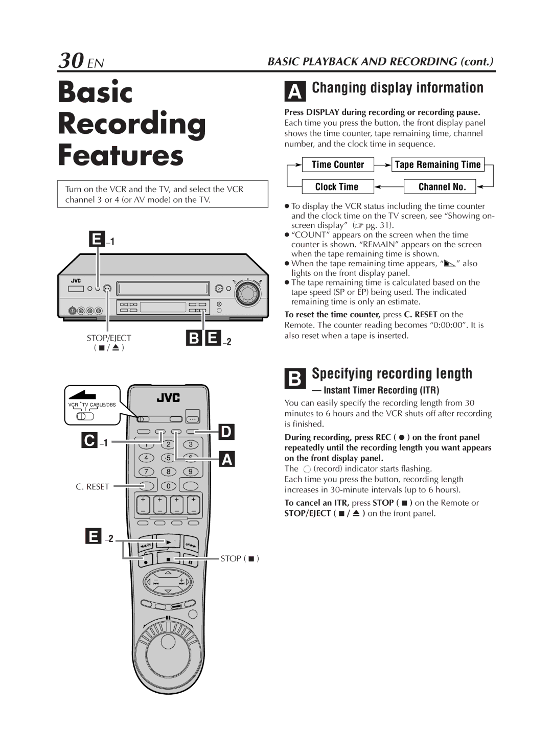 JVC HR-S9800U manual Basic Recording Features, 30 EN, Specifying recording length 