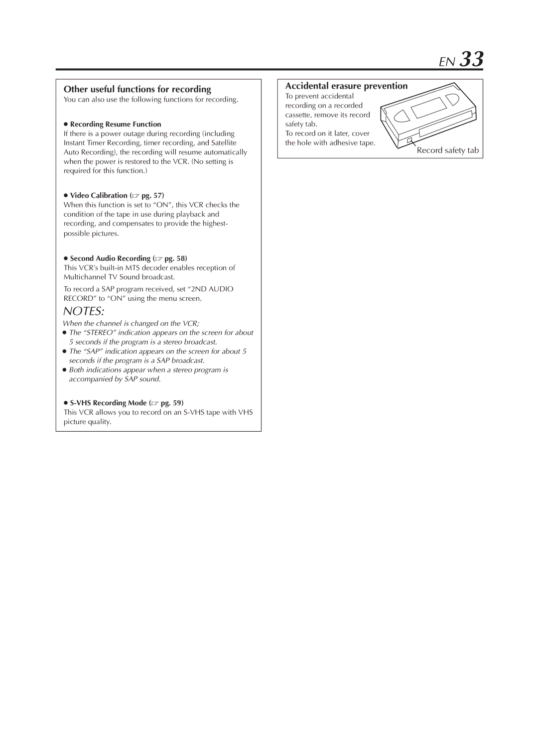 JVC HR-S9800U manual Other useful functions for recording, Accidental erasure prevention, Record safety tab 