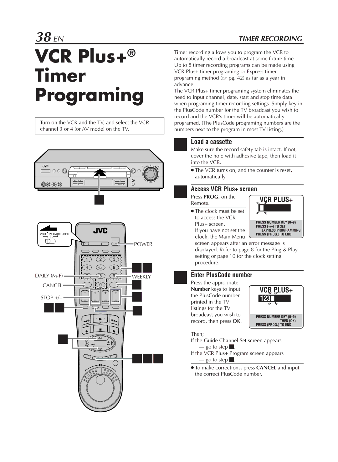 JVC HR-S9800U manual VCR Plus+ Timer Programing, 38 EN, Access VCR Plus+ screen, Stop +, Enter PlusCode number 