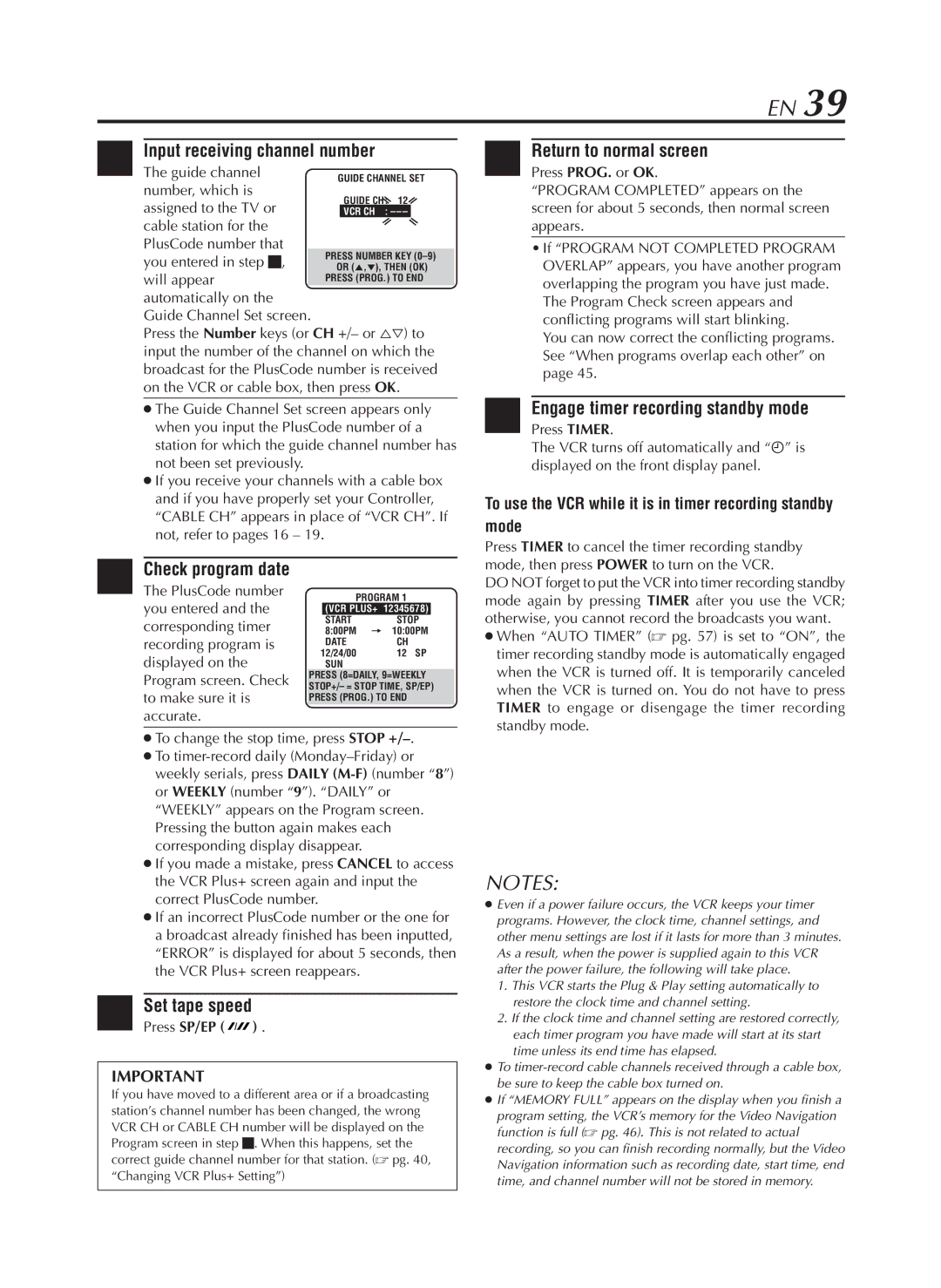 JVC HR-S9800U manual Input receiving channel number, Engage timer recording standby mode, Set tape speed Press SP/EP 