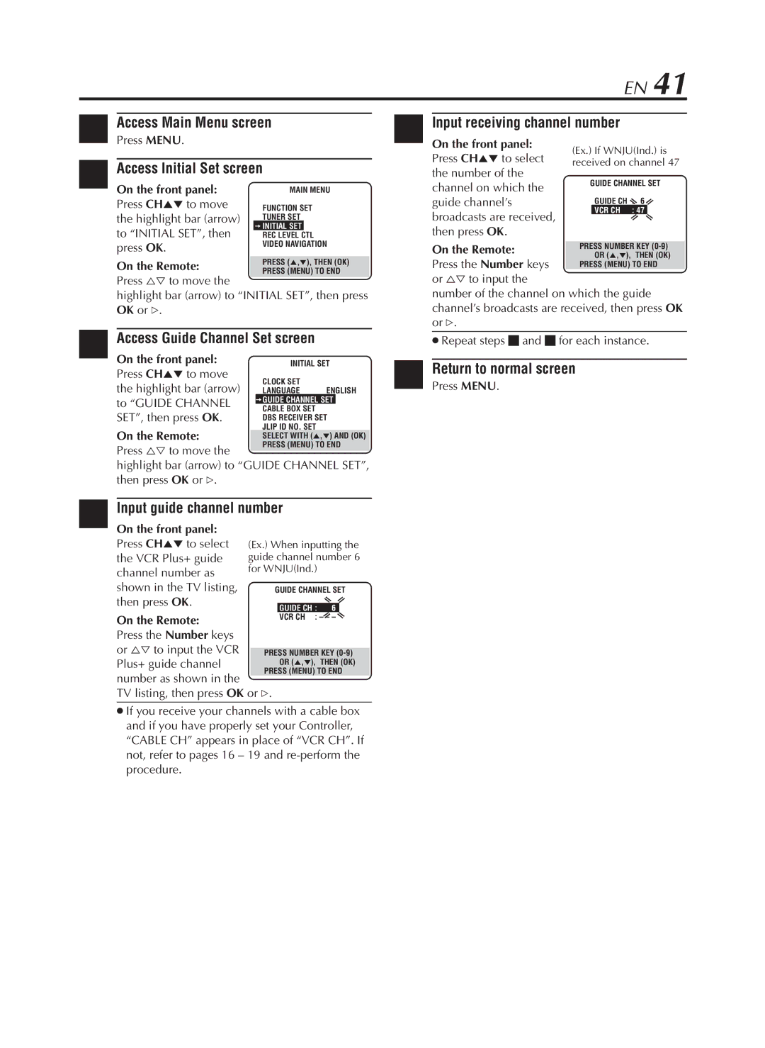 JVC HR-S9800U manual Access Guide Channel Set screen, Input guide channel number 