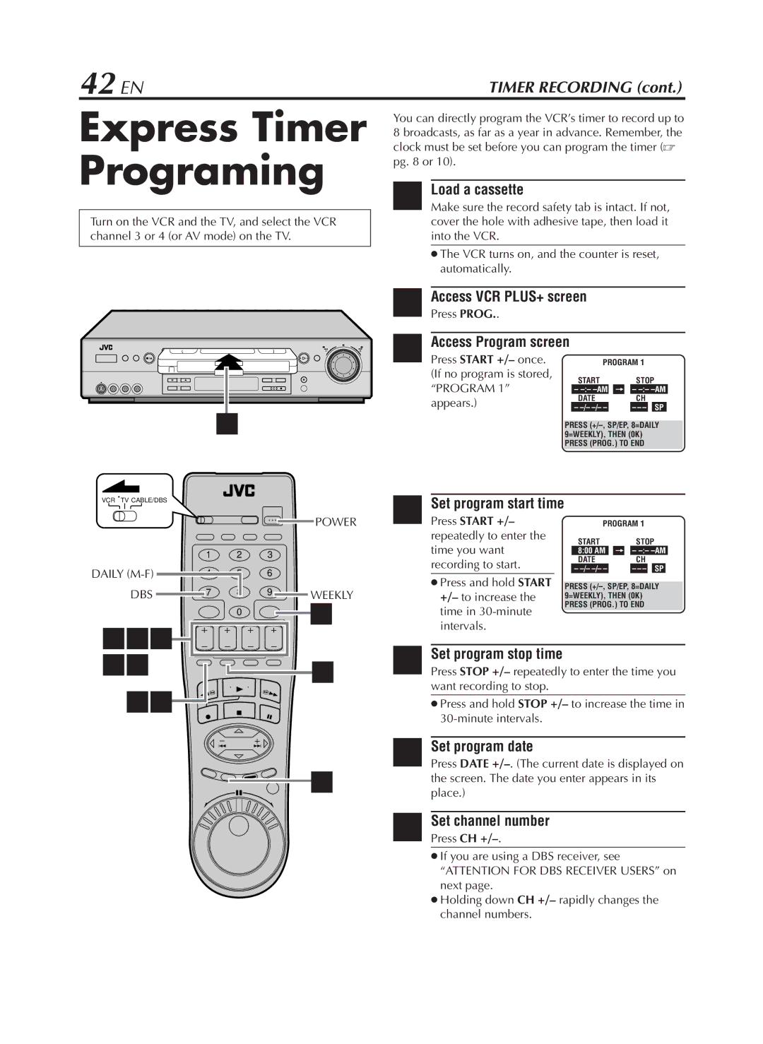 JVC HR-S9800U manual Express Timer Programing, 42 EN 