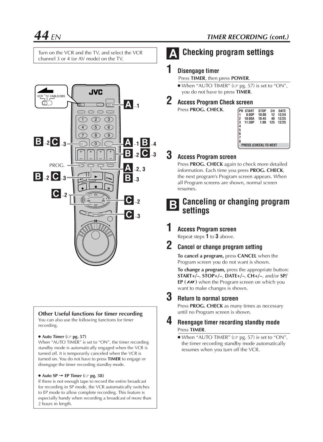 JVC HR-S9800U manual 44 EN, Checking program settings 