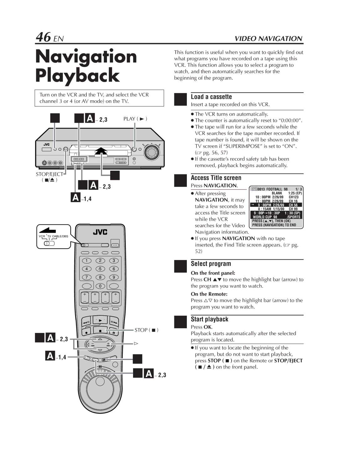 JVC HR-S9800U manual Navigation Playback, 46 EN, Access Title screen, Select program, PressStartOKplayback 