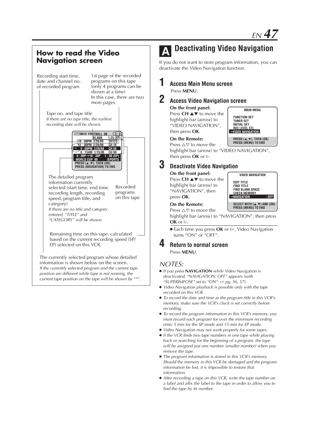 JVC HR-S9800U manual Deactivating Video Navigation, Deactivate Video Navigation 