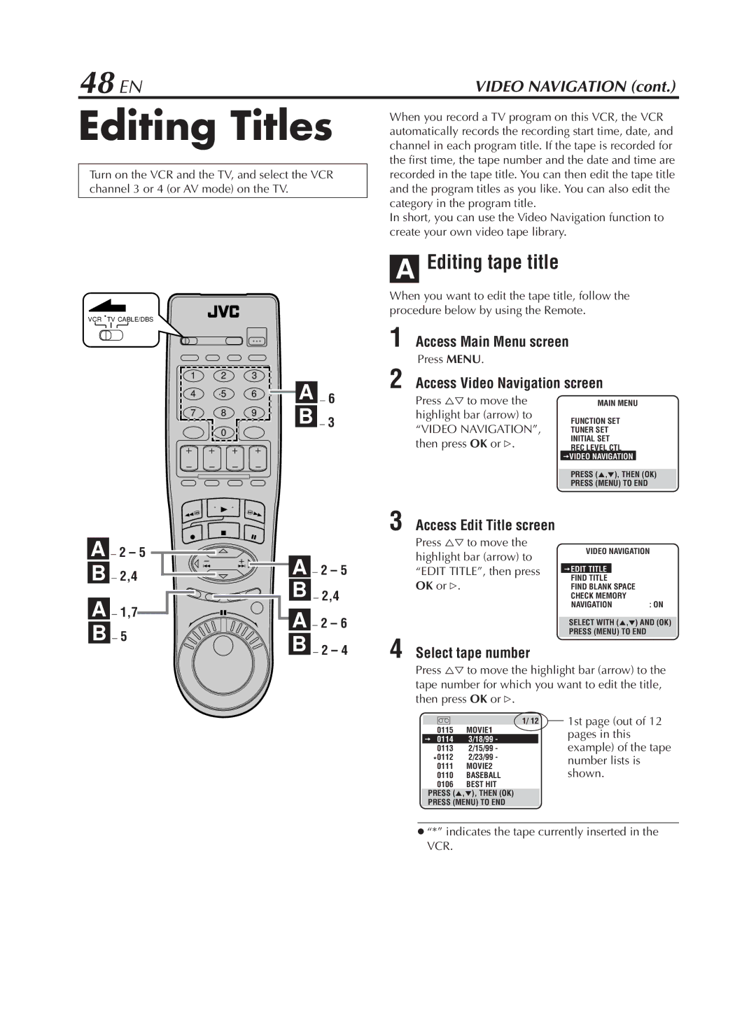 JVC HR-S9800U manual Editing Titles, 48 EN, Editing tape title, Access Edit Title screen, Select tape number 