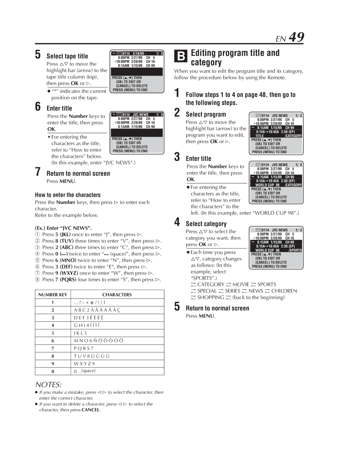 JVC HR-S9800U manual Editing program title and category, Select tape title, Enter title, Select category 