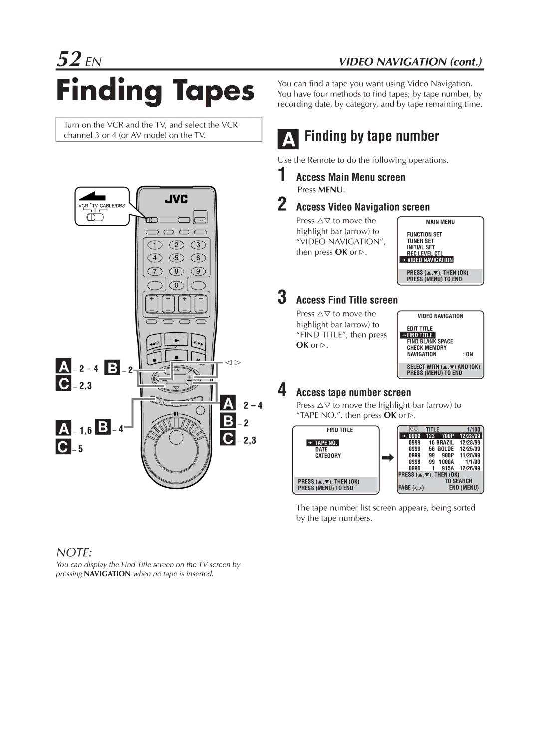 JVC HR-S9800U manual Finding Tapes, 52 EN, Finding by tape number, Access tape number screen 