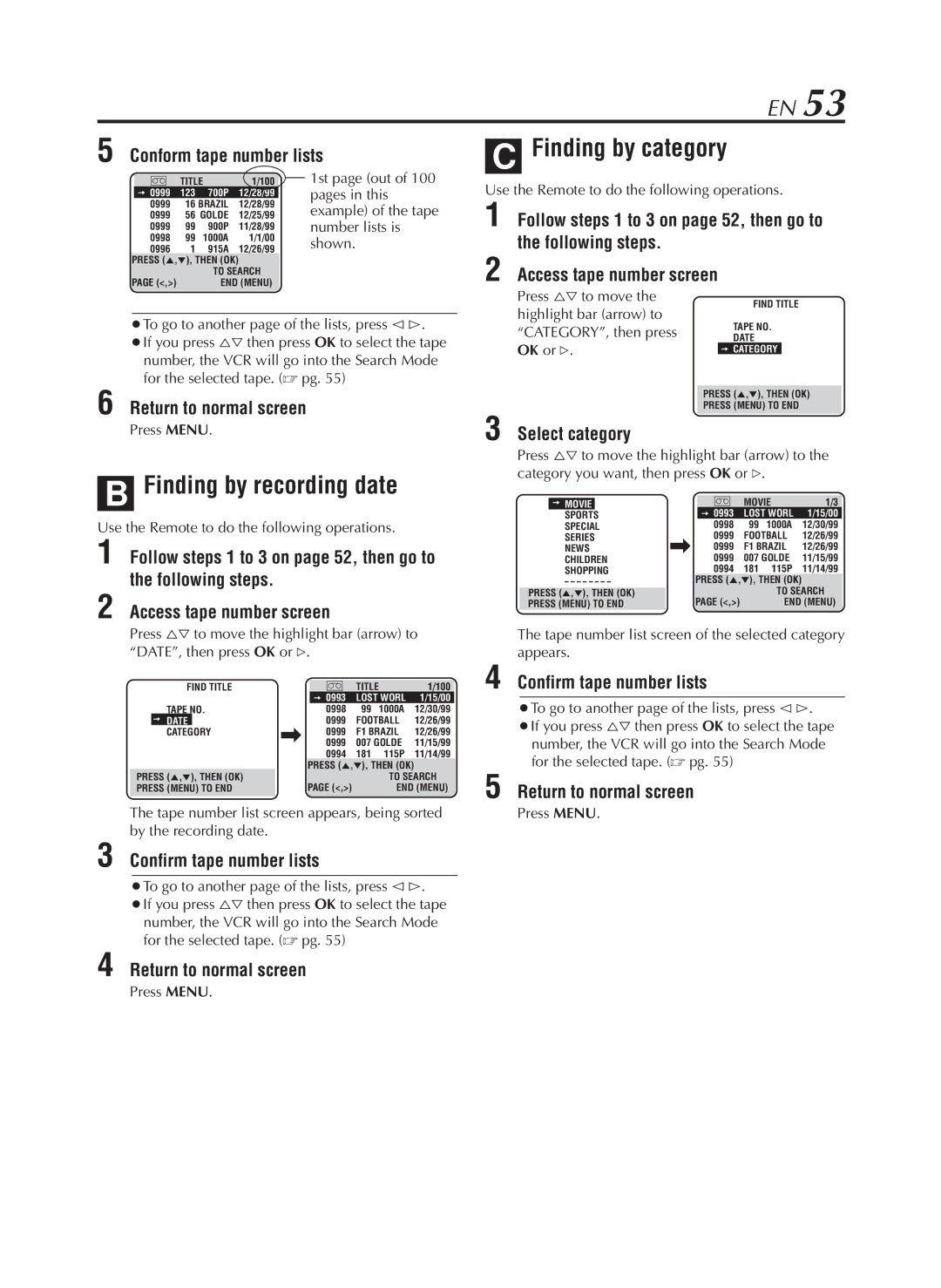 JVC HR-S9800U manual Finding by category, Finding by recording date, Conform tape number lists, Confirm tape number lists 