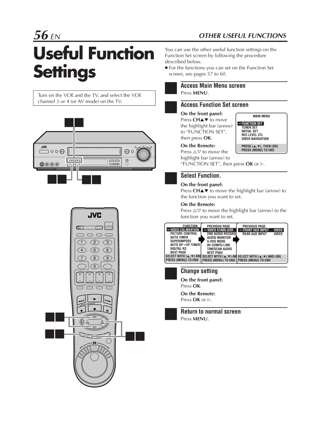 JVC HR-S9800U manual 56 EN, Access Function Set screen, Select Function, Change setting 