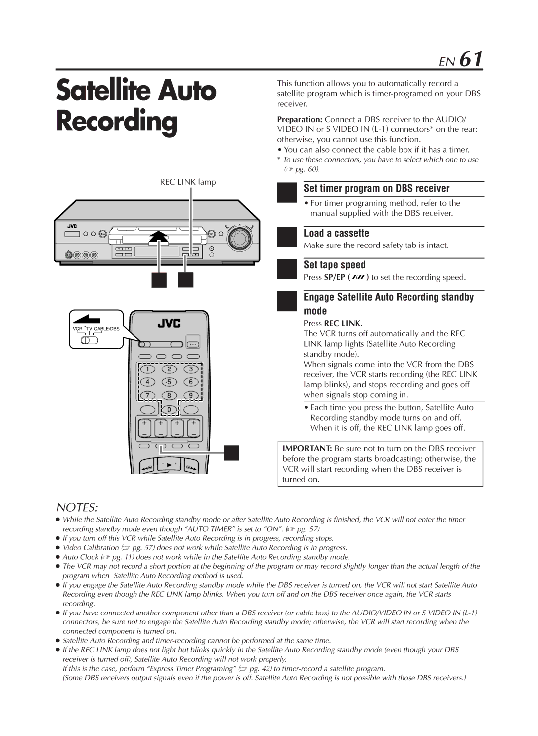 JVC HR-S9800U manual Set timer program on DBS receiver, Engage Satellite Auto Recording standby mode, Press REC Link 