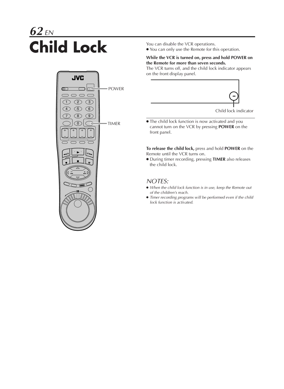 JVC HR-S9800U manual Child Lock, 62 EN 