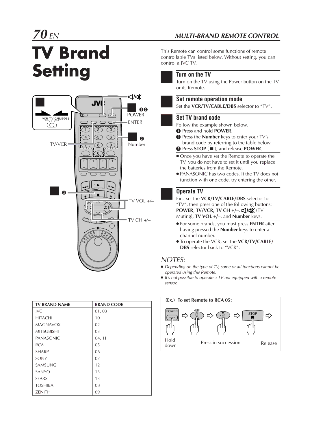 JVC HR-S9800U manual TV Brand Setting, 70 EN 