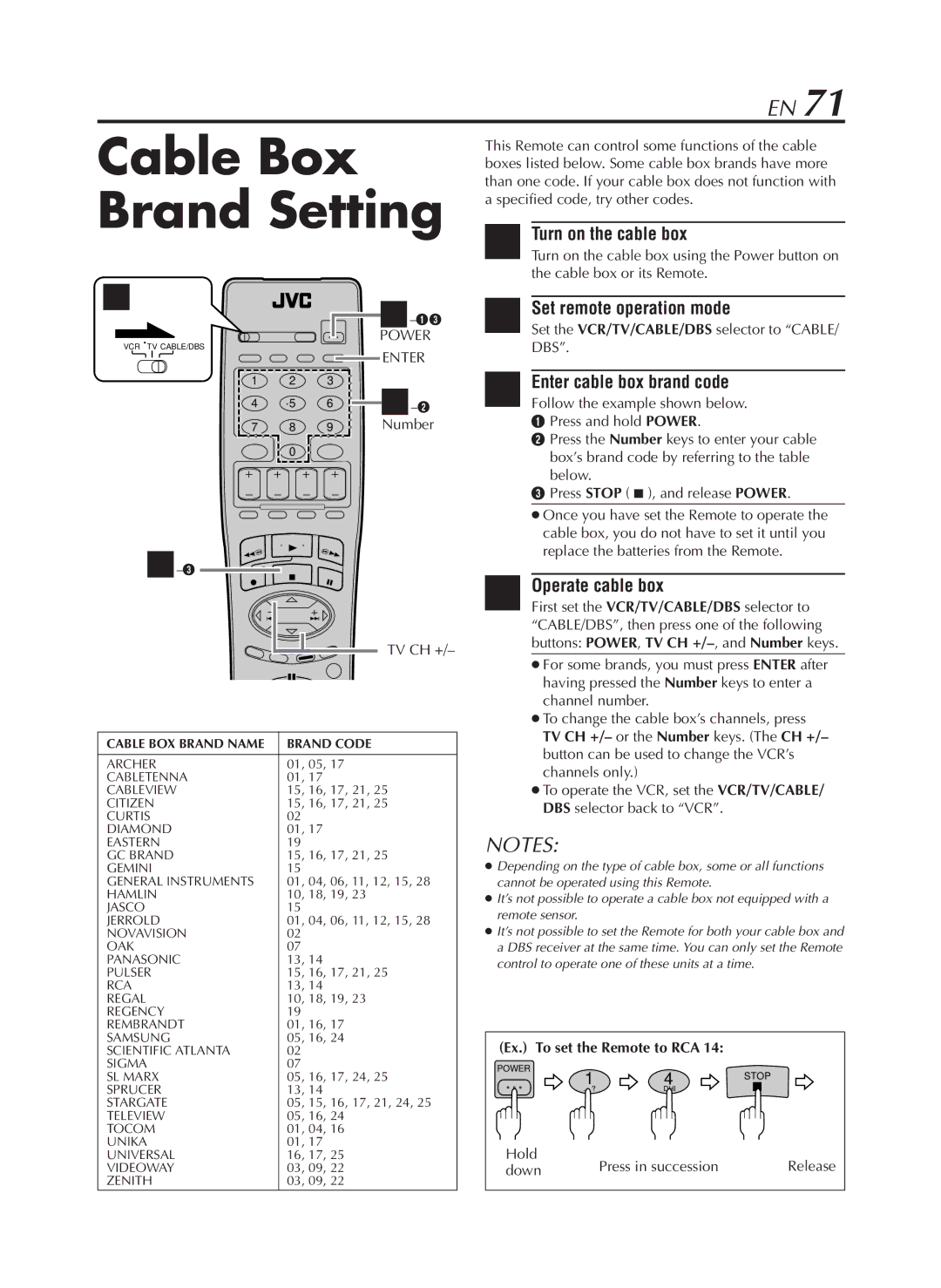 JVC HR-S9800U manual Cable Box Brand Setting, Turn on the cable box, Enter cable box brand code, Operate cable box 