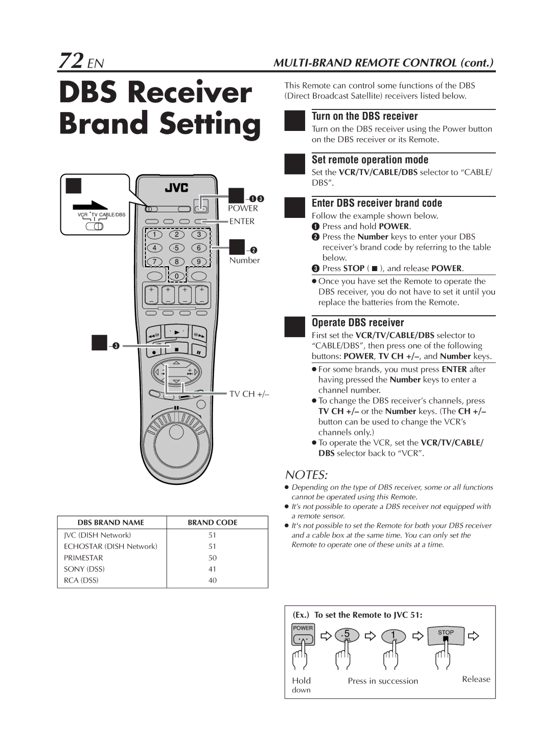 JVC HR-S9800U manual DBS Receiver Brand Setting, 72 EN, Turn on the DBS receiver, Enter DBS receiver brand code 