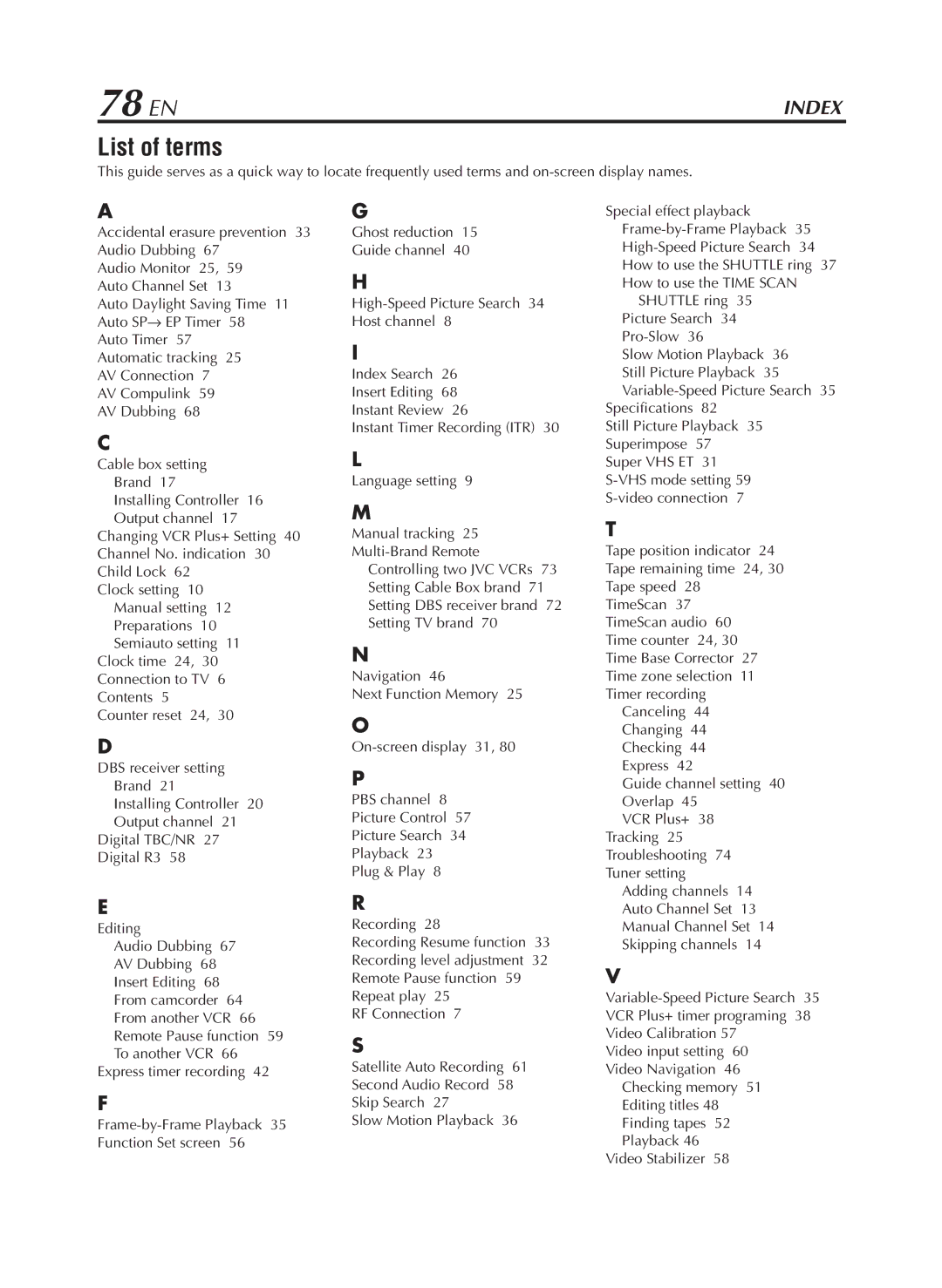 JVC HR-S9800U manual 78 EN, List of terms 