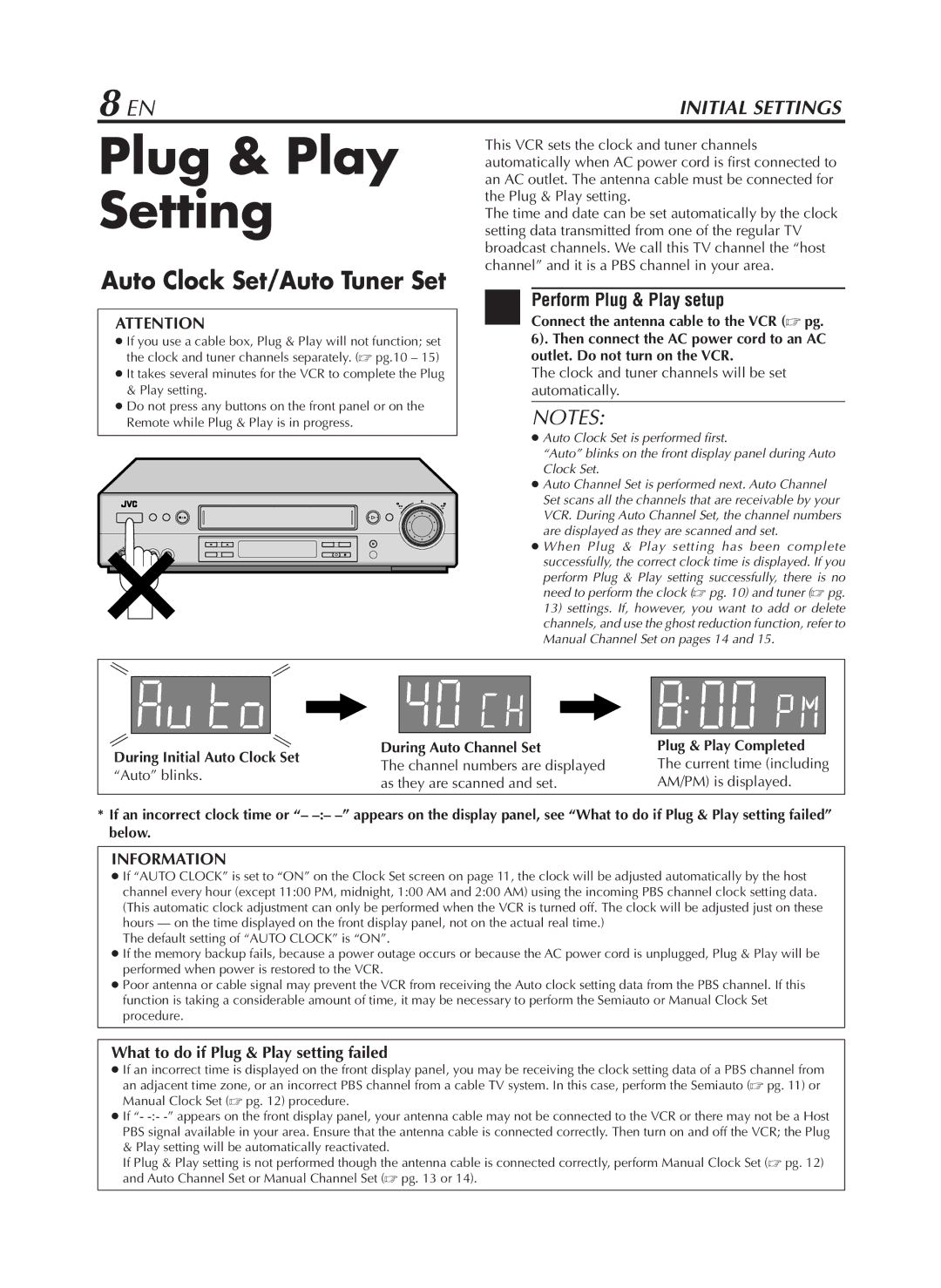 JVC HR-S9800U manual Plug & Play Setting, Auto Clock Set/Auto Tuner Set, Perform Plug & Play setup 