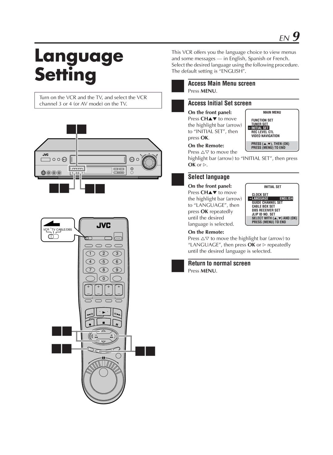 JVC HR-S9800U manual Language Setting, Select language, Return to normal screen, Press Menu 