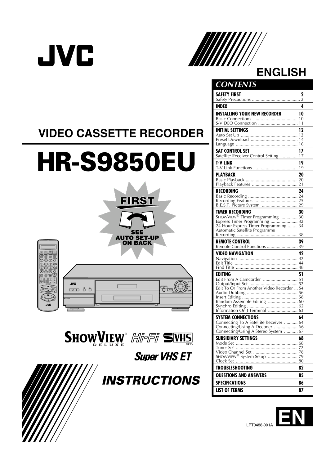 JVC HR-S9850EU specifications Video Cassette Recorder 