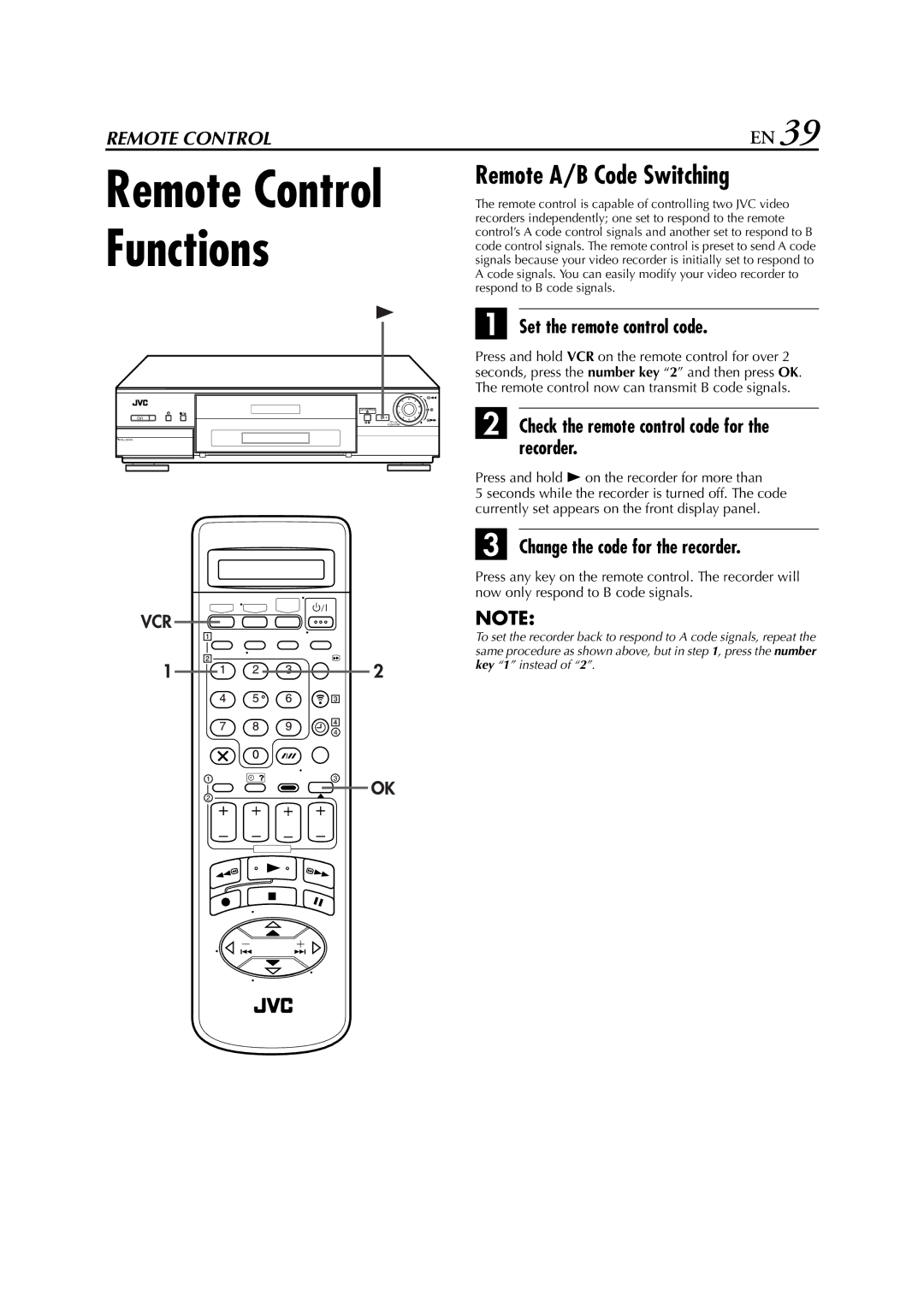 JVC HR-S9850EU Remote A/B Code Switching, Set the remote control code, Check the remote control code for the recorder 