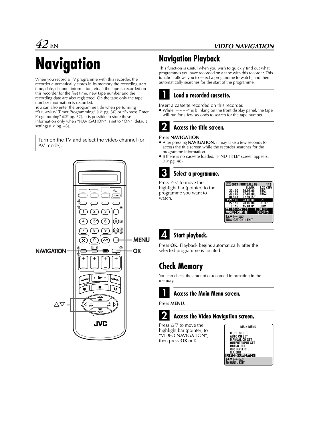 JVC HR-S9850EU specifications 42 EN, Navigation Playback, Check Memory 