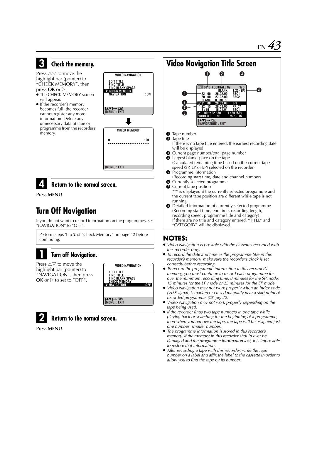 JVC HR-S9850EU specifications Turn Off Navigation, Video Navigation Title Screen, Check the memory, Turn off Navigation 