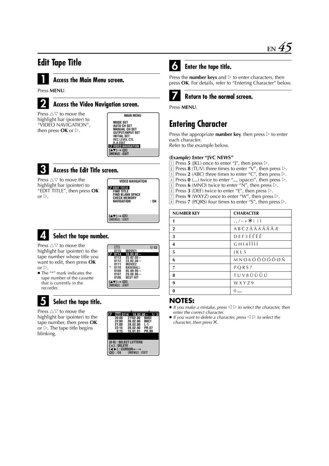 JVC HR-S9850EU specifications Edit Tape Title, Entering Character, Access the Edit Title screen, Select the tape title 