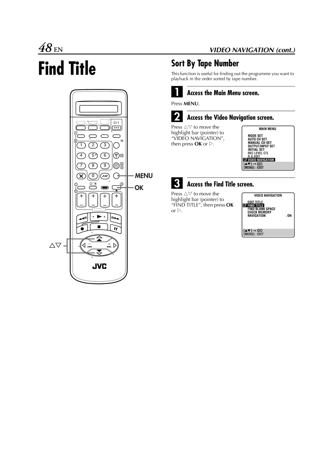 JVC HR-S9850EU specifications 48 EN, Sort By Tape Number, Access the Find Title screen 