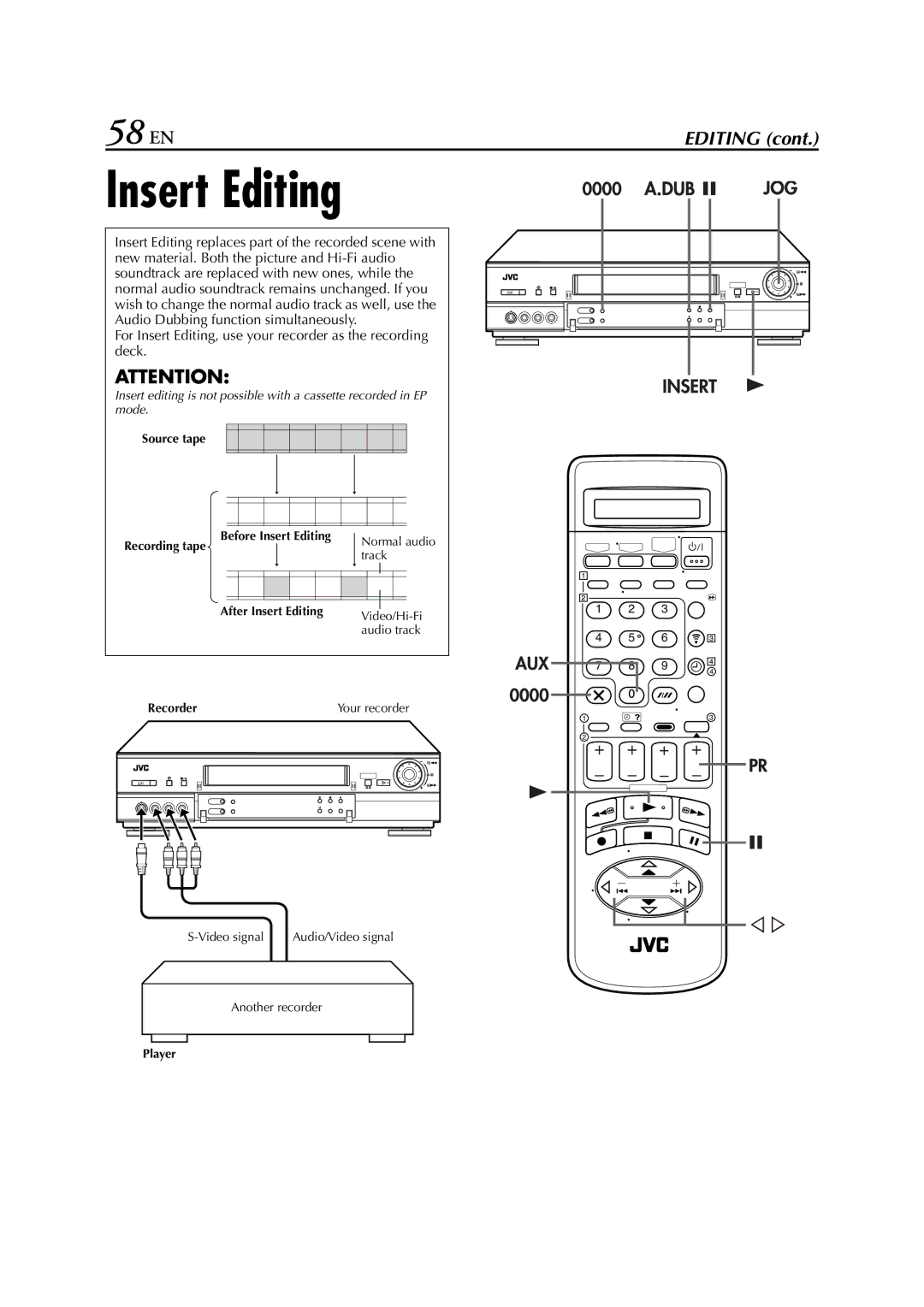 JVC HR-S9850EU specifications 58 EN, Source tape Before Insert Editing Recording tape, After Insert Editing 