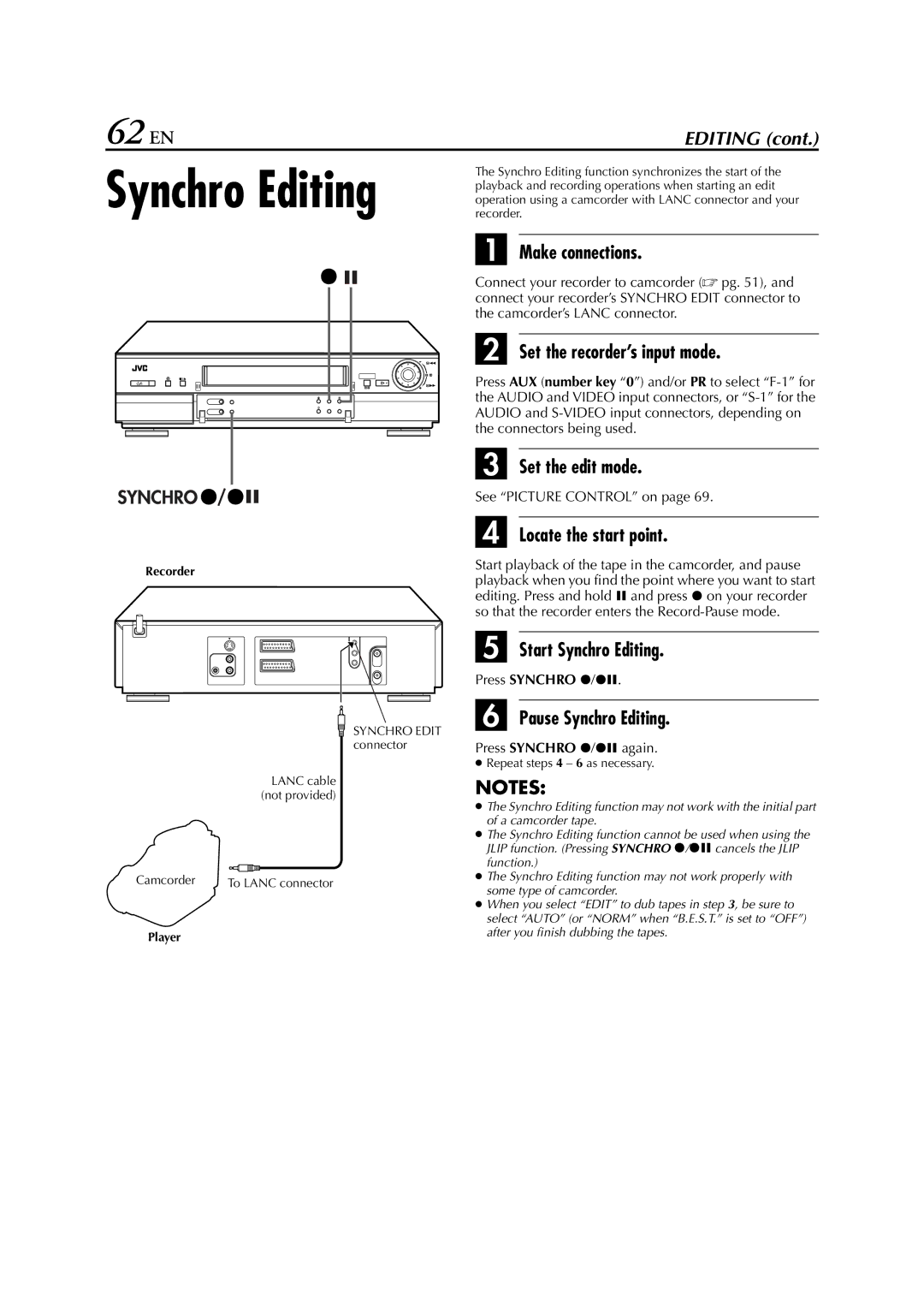 JVC HR-S9850EU specifications 62 EN, Start Synchro Editing, Pause Synchro Editing, Press Synchro 7/79 again 