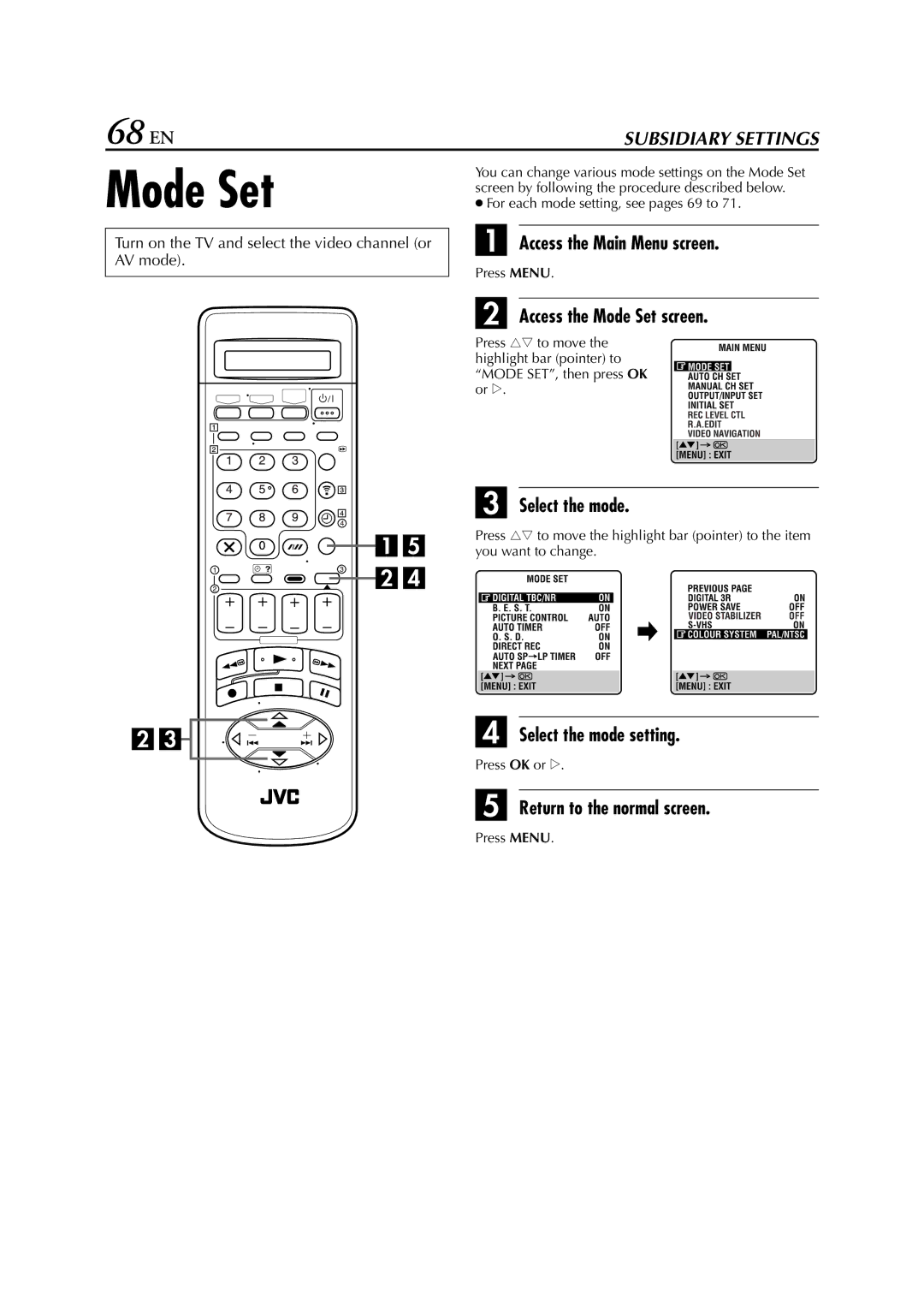 JVC HR-S9850EU specifications 68 EN, Access the Mode Set screen, Select the mode setting 