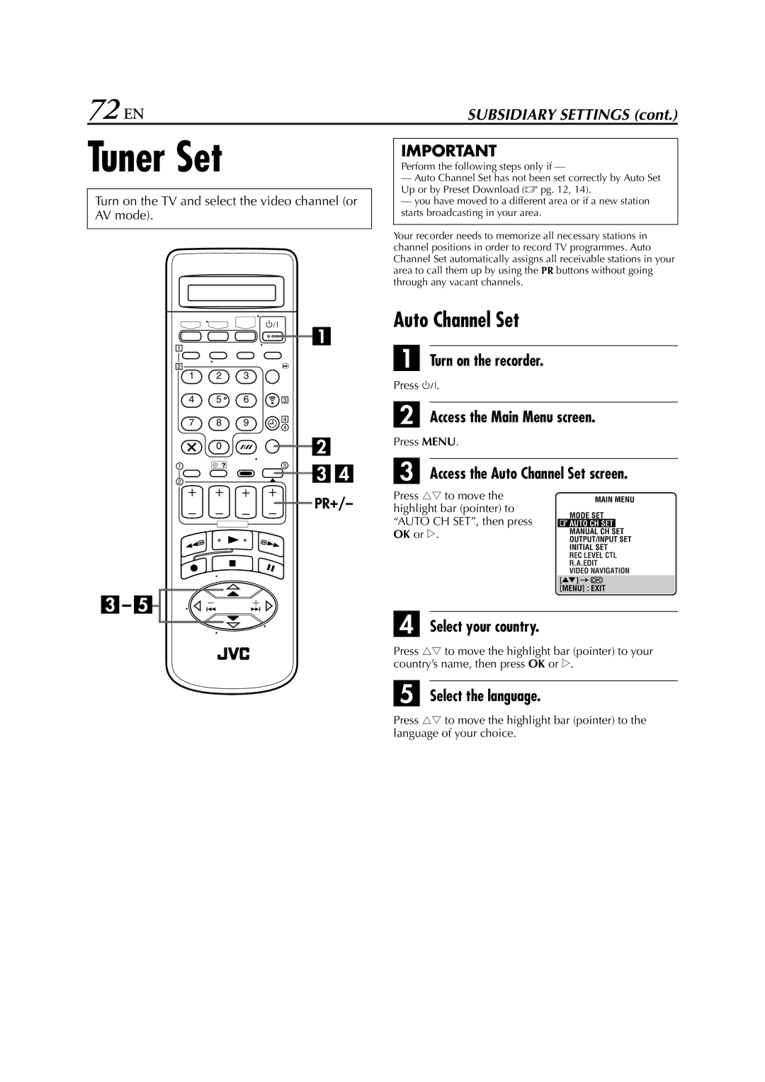 JVC HR-S9850EU specifications Tuner Set, 72 EN, Access the Auto Channel Set screen 