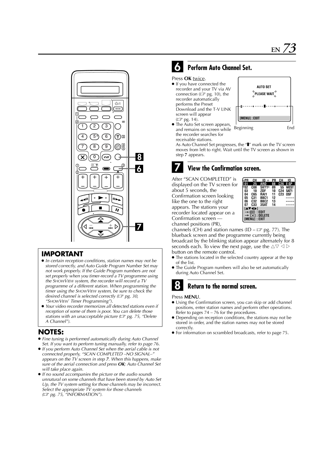 JVC HR-S9850EU specifications Perform Auto Channel Set, View the Confirmation screen, Press OK twice 