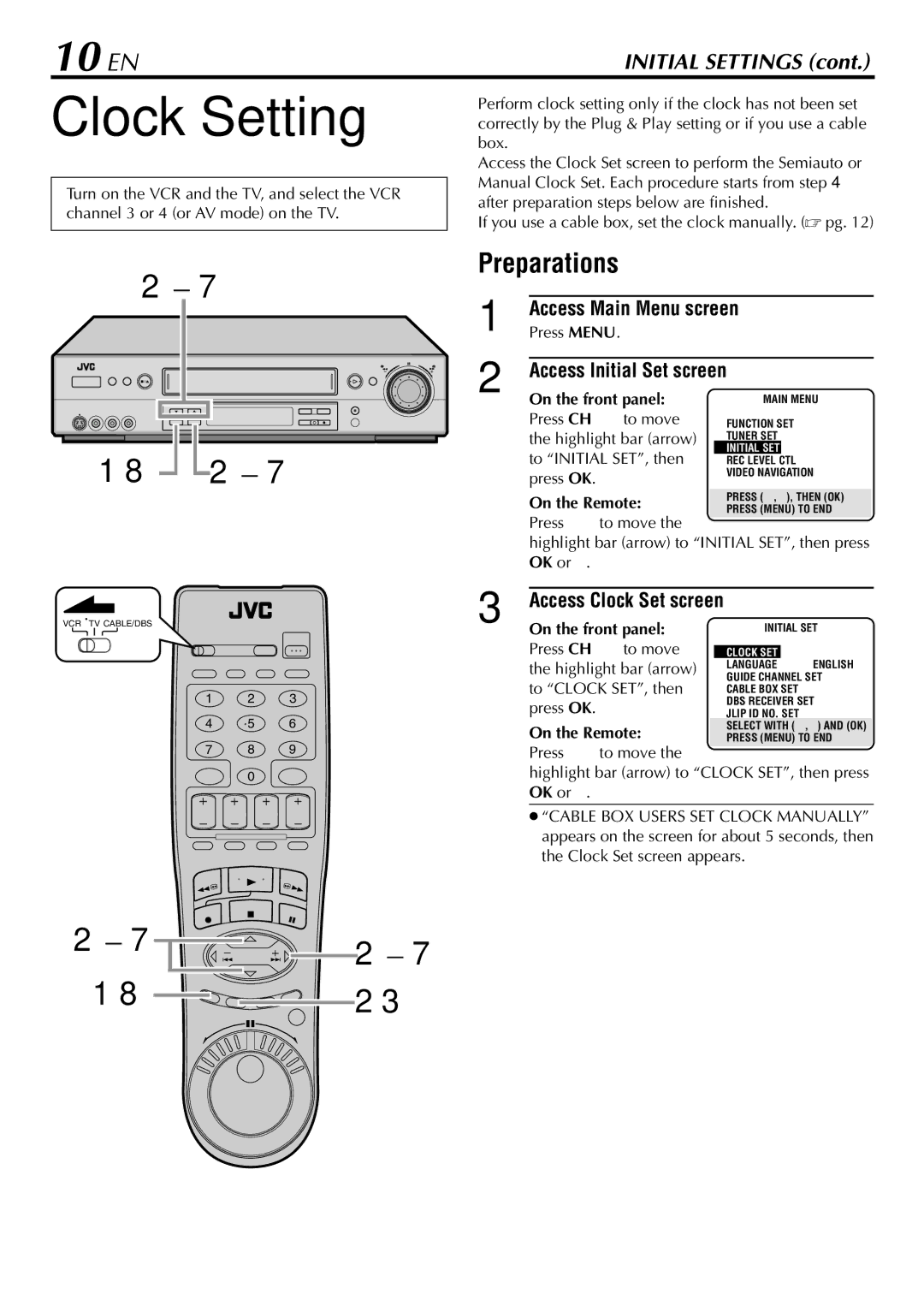 JVC HR-S9900U manual Clock Setting, 10 EN, 1Preparations, Access Clock Set screen 