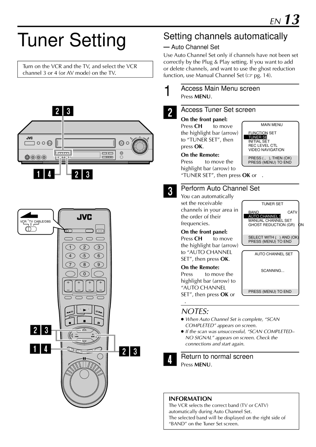 JVC HR-S9900U manual Tuner Setting, Setting channels automatically, Access Tuner Set screen, Perform Auto Channel Set 