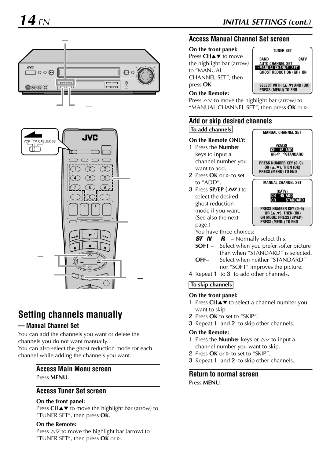 JVC HR-S9900U Setting channels manually, Access Manual Channel Set screen 