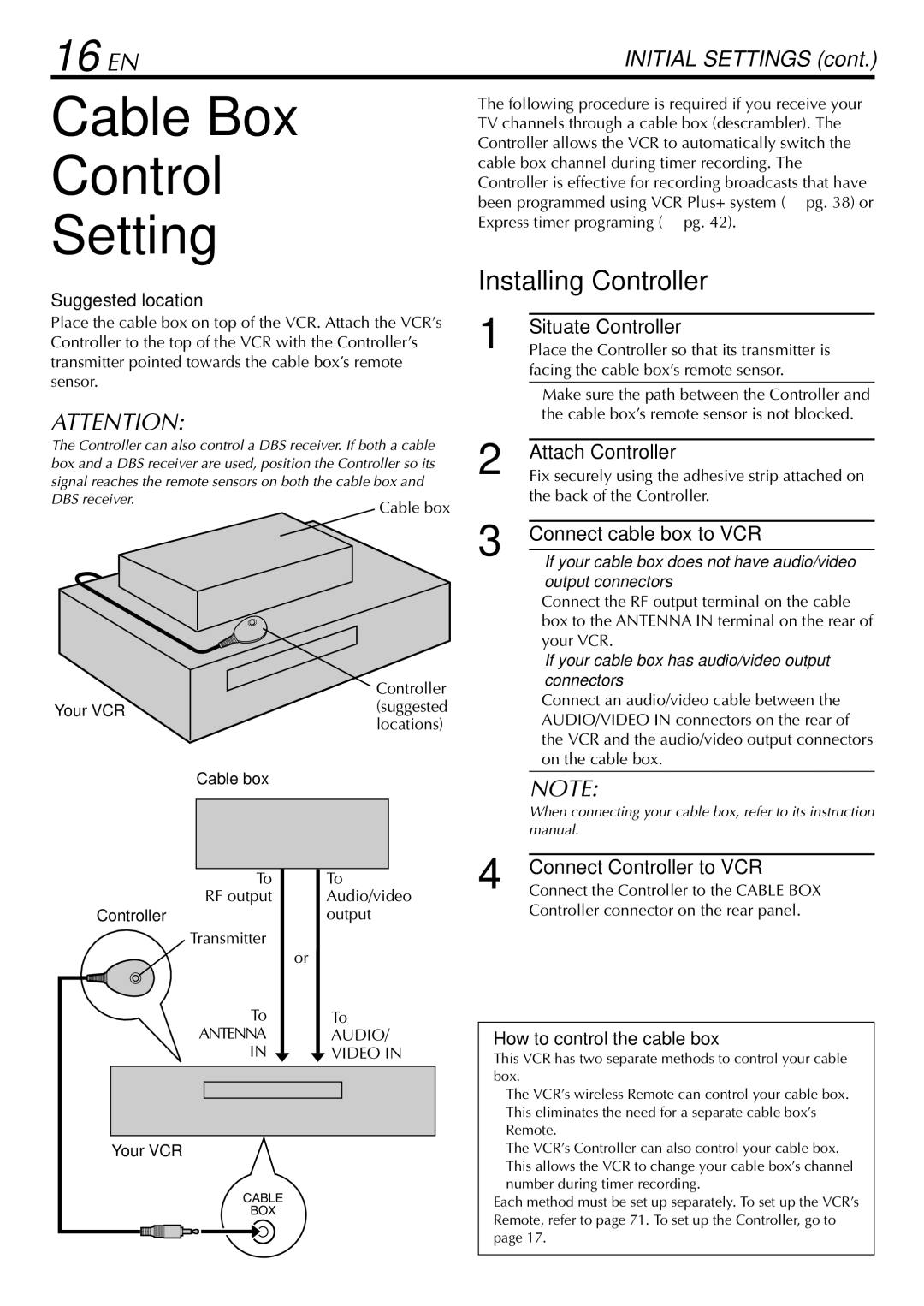 JVC HR-S9900U manual Cable Box Control Setting, 16 EN 