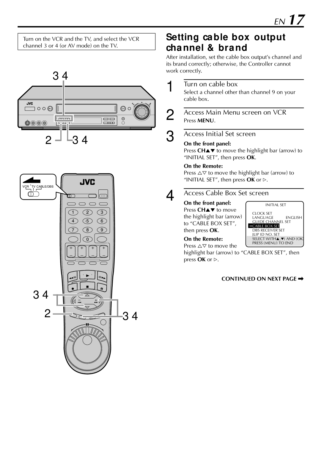 JVC HR-S9900U manual Turn on cable box, Access Main Menu screen on VCR, Access Cable Box Set screen 